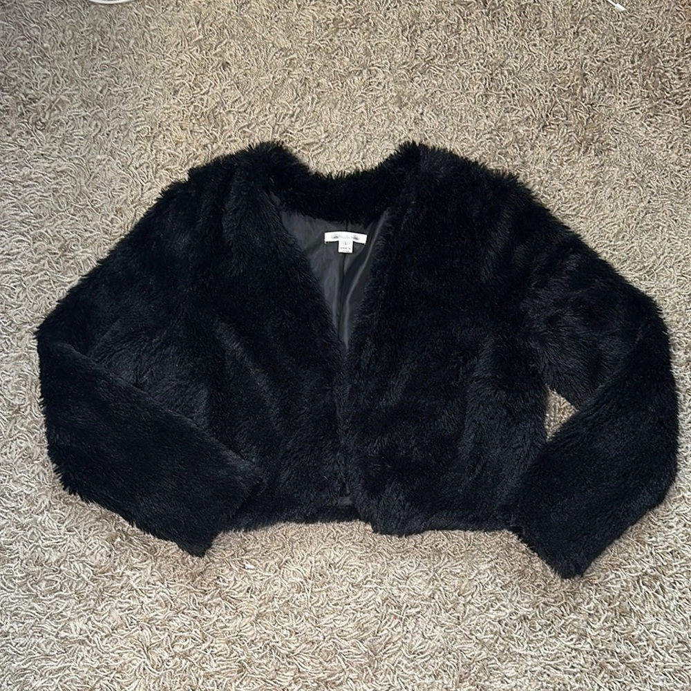 Mob Wife Night‎ Out Elegant Black Teddy L/S Open Front Jacket Plush Faux Fur SzL